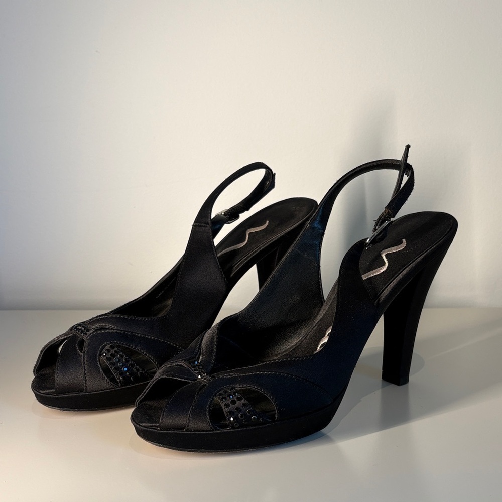 Nina Black Satin Peep-Toe Heels